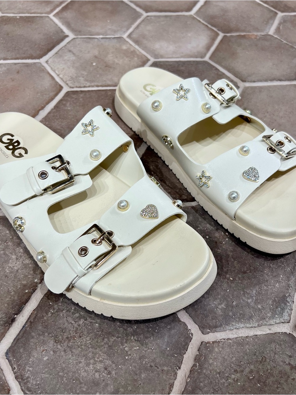 G by Guess White Embellished Double Buckle Slide Sandals